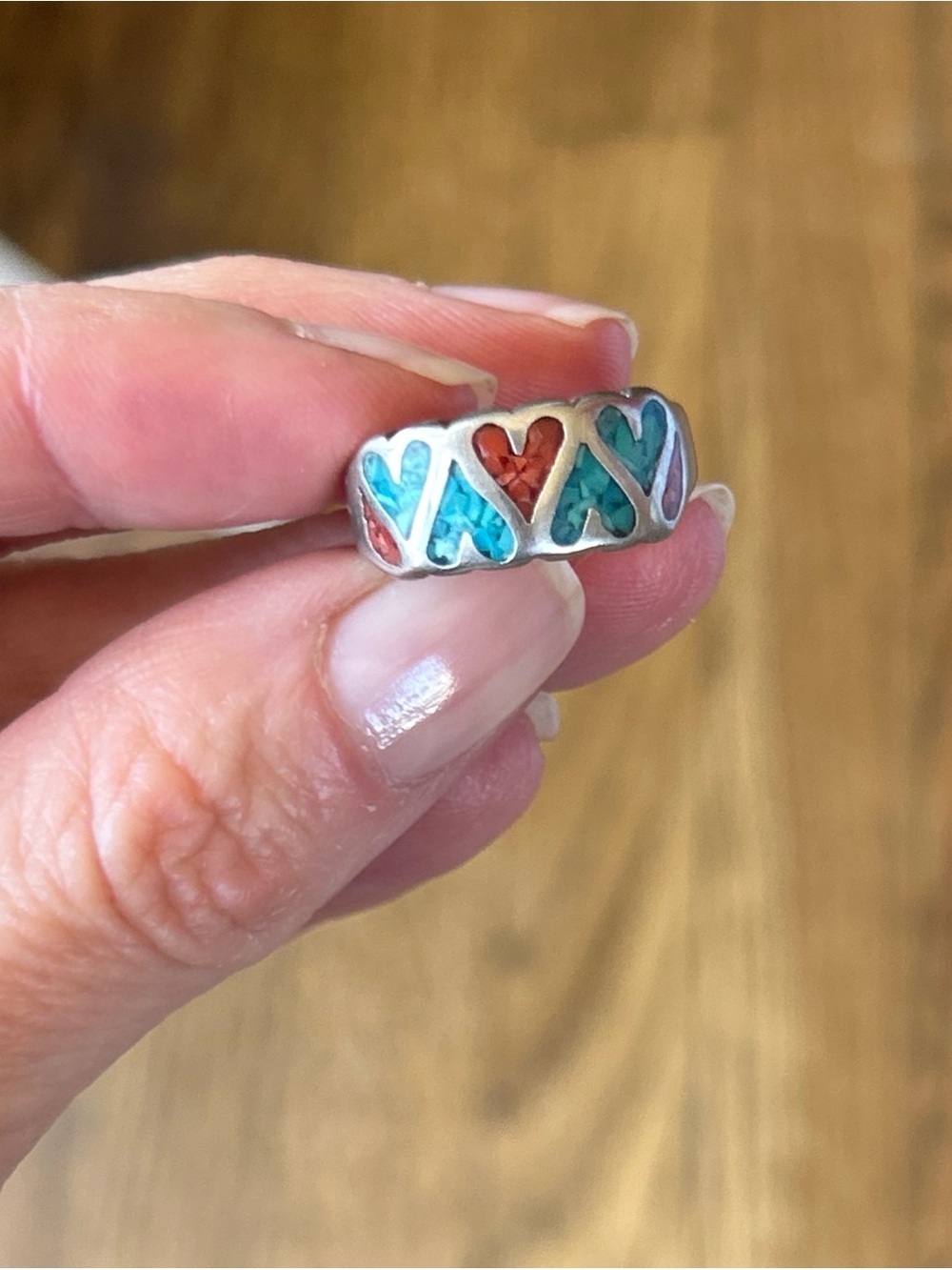 Vintage Native AmericanSterling Silver Heart Inlay Ring with Turquoise and Coral - Picture 5 of 7